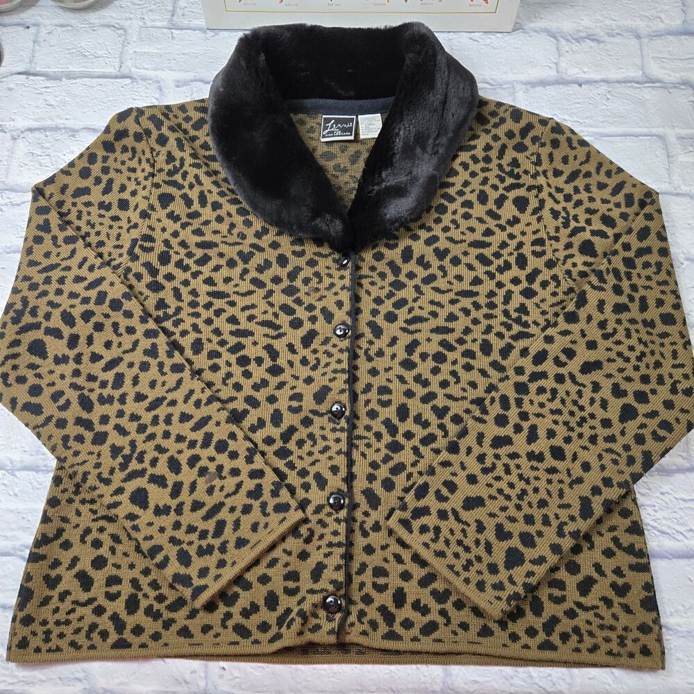VTG Lennie for Nina Leonard Cardigan Sweater Mob Wife Leopard Faux Fur Collar XL - Picture 2 of 16